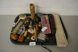 MIXED ITEMS TO INCLUDE MOTHER OF PEARL MOUNTED FAN, VINTAGE DART, SMALL ORNAMENTS ETC