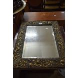 RECTANGULAR BEVELLED WALL MIRROR IN FLORAL DECORATED FRAME, 54CM HIGH