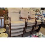 SET OF SIX 20TH CENTURY HARDWOOD FRAMED ARMCHAIRS WITH BEIGE UPHOLSTERY
