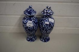 PAIR OF WOOD PRUNUS PATTERN COVERED VASES