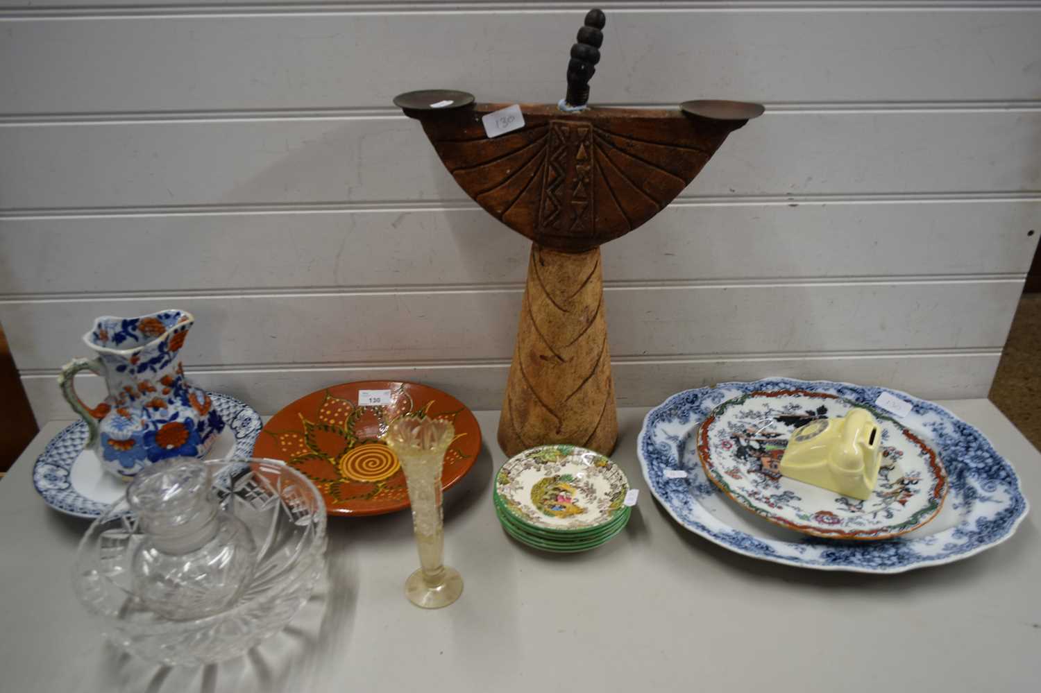 MIXED LOT OF MODERN STUDIO POTTERY FIGURE, MASONS JUG, VICTORIAN MEAT PLATE AND OTHER CERAMICS AND
