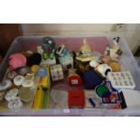 BOX OF MIXED ORNAMENTS, SMALL TRINKET BOXES, DAVID WINTER COTTAGES, WEDGWOOD PETER RABBIT MONEY BOX,