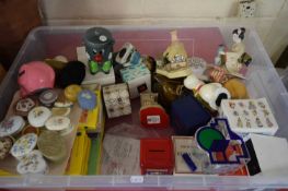 BOX OF MIXED ORNAMENTS, SMALL TRINKET BOXES, DAVID WINTER COTTAGES, WEDGWOOD PETER RABBIT MONEY BOX,