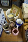 VARIOUS SILVER PLATED VASES, CHAMBER POT, SMALL FRAMED PORTRAIT ETC