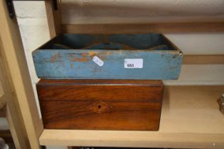 19TH CENTURY INLAID BOX AND A PAINTED PINE CUTLERY TRAY (2)