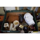 BOX OF MIXED ITEMS TO INCLUDE A CERAMIC POTTERY HEAD, AN EMMA BRIDGEWATER QUEENS BIRTHDAY MUG AND