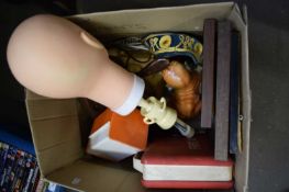 BOX OF MIXED ITEMS TO INCLUDE VINTAGE TELEPHONE, PICTURES, MODEL DOG ETC