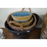 LARGE IRON COAL BUCKET AND THREE BASKETS