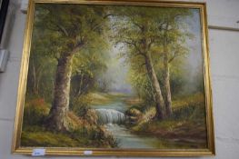 J WILLIAMS, (CONTEMPORARY) STUDY OF A WOODLAND STREAM, OIL ON BOARD, FRAMED