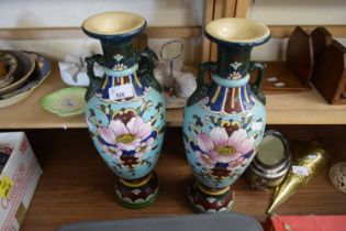 PAIR OF EARLY 20TH CENTURY DOUBLE HANDLED FLORAL VASES, POSSIBLY AMPHORA