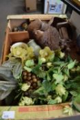 BOX OF MIXED ITEMS TO INCLUDE FAR EASTERN HARDWOOD CARVINGS, VARIOUS FAKE FLOWERS, ORNAMENTS ETC