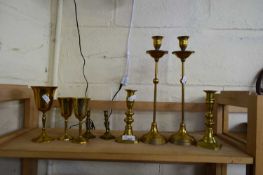 VARIOUS BRASS CANDLESTICKS, SMALL BRASS GOBLETS ETC