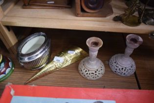 PAIR OF STONE CANDLESTICKS, BRASS WALL POCKET AND A SUGAR BASIN (5)
