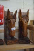 PAIR OF WOODEN HORSES HEAD BOOKENDS