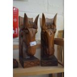 PAIR OF WOODEN HORSES HEAD BOOKENDS