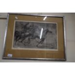 BLACK AND WHITE ETCHING, HORSE RACE, INDISTINCTLY SIGNED IN PENCIL, F/G