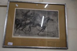 BLACK AND WHITE ETCHING, HORSE RACE, INDISTINCTLY SIGNED IN PENCIL, F/G
