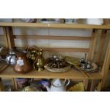 VARIOUS SILVER PLATED WARES, BRASS VASES ETC