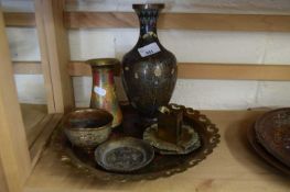 CLOISONNE VASE (A/F) PLUS VARIOUS BRASS TRAYS, MATCHBOX STAND ETC