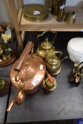 COPPER KETTLE AND THREE SMALL BRASS KETTLES