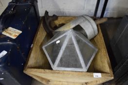 LEAD GLAZED TERRARIUM, A GALVANISED FEED SCOOP AND A WOODEN DOUGH TROUGH ETC