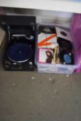 PLASTIC BOX CONTAINING SINGLE RECORDS, MAINLY POP MUSIC, TOGETHER WITH A VINTAGE HASTINGS