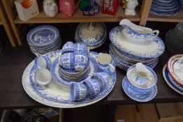 QUANTITY OF POTTERY TEA WARES, SERVING DISHES, ALL WITH BLUE AND WHITE DESIGN