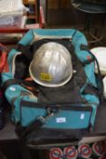 MAY GURNEY SAFETY HELMET AND BOX CONTAINING BUILDERS ITEMS