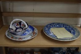 QUANTITY OF CERAMICS - TWO SPODE POTTERY PLATES, SMALL PORCELAIN BASKET AND OTHER ITEMS