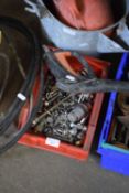 PLASTIC TRAY CONTAINING QUANTITY OF NUTS AND BOLTS AND PETROL CAN AND TIN BUCKET