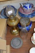 SMALL BRASS OIL LAMP AND ROSE BOWL ETC