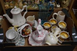BOX CONTAINING QUANTITY OF MAINLY CERAMIC TEA WARES, SOME CONTINENTAL AND GLASS JUG