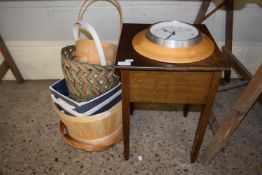 KITCHEN CLOCK IN WOODEN SURROUND, SMALL SIDE TABLE, SOME BASKET WARE ITEMS ETC (QTY)