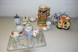 QUANTITY OF POTTERY INCLUDING MODEL OF COACH AND HORSES, TANKARDS, OTHER ITEMS AND SOME GLASS WARE