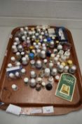WOODEN TRAY CONTAINING A QUANTITY OF CERAMIC THIMBLES