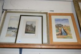 WATERCOLOUR OF A RIVER SCENE TOGETHER WITH A PRINT OF BISHOP GATE NORWICH, AND ONE OTHER (3)