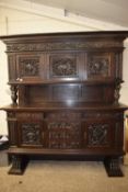 LARGE OAK ELIZABETHAN STYLE SIDEBOARD WITH SCROLL PANELS IN RELIEF