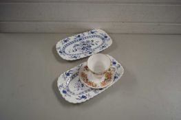 TWO BLUE AND WHITE DISHES AND A COLCLOUGH CUP AND SAUCER