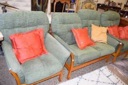 THREE PIECE SUITE WITH WOODEN ARMS AND GREEN CUSHIONS, TOGETHER WITH SCATTER CUSHIONS