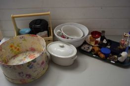 STONEWARE CASSEROLE AND COVER TOGETHER WITH A POTTERY BOWL AND A PORTMEIRION BOWL DECORATED WITH