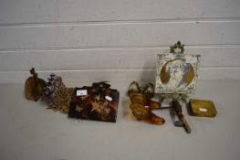 WOODEN LETTER RACK WITH PAINTED DECORATION TOGETHER WITH A PAIR OF MOTHER OF PEARL OPERA GLASSES,