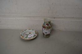 Small Chinese porcelain vase with a polychrome design and small Chinese porcelain saucer (2)