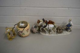 CERAMIC GROUP OF PLOUGHMAN WITH HORSES, BISCUIT BARREL WITH BRASS MOUNTS ETC