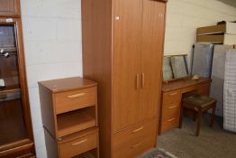 TWO LIGHT OAK BEDSIDE CABINETS TOGETHER WITH A LIGHT OAK WARDROBE AND DRESSING TABLE WITH MIRROR