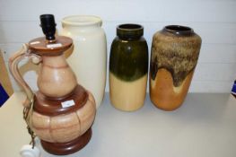 QUANTITY OF WEST GERMAN POTTERY INCLUDING THREE LARGE VASES AND A POTTERY LAMP (4)