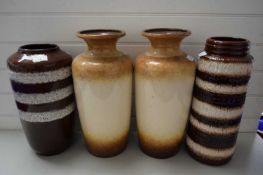 FOUR WEST GERMAN POTTERY VASES, ALL WITH TYPICAL GLAZED DESIGNS