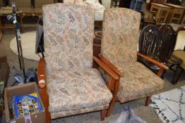 PAIR OF ARMCHAIRS WITH WOODEN ARMS AND FABRIC SEATS
