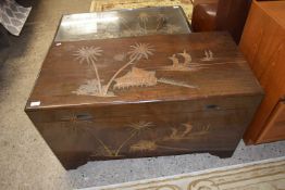 LARGE CAMPHOR TYPE CHEST WITH INLAID ORIENTAL DESIGN TO THE TOP AND SIDES