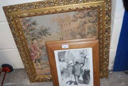 TWO PRINTS OF THE CHESTNUT VENDOR AND FURTHER TAPESTRY TYPE PRINT IN GILT FRAME (3)
