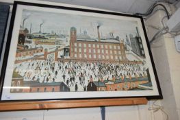LOWRY PRINT - AN INDUSTRIAL SCENE FROM THE WHITWORTH ART GALLERY, MANCHESTER, IN BLACK WOODEN FRAME